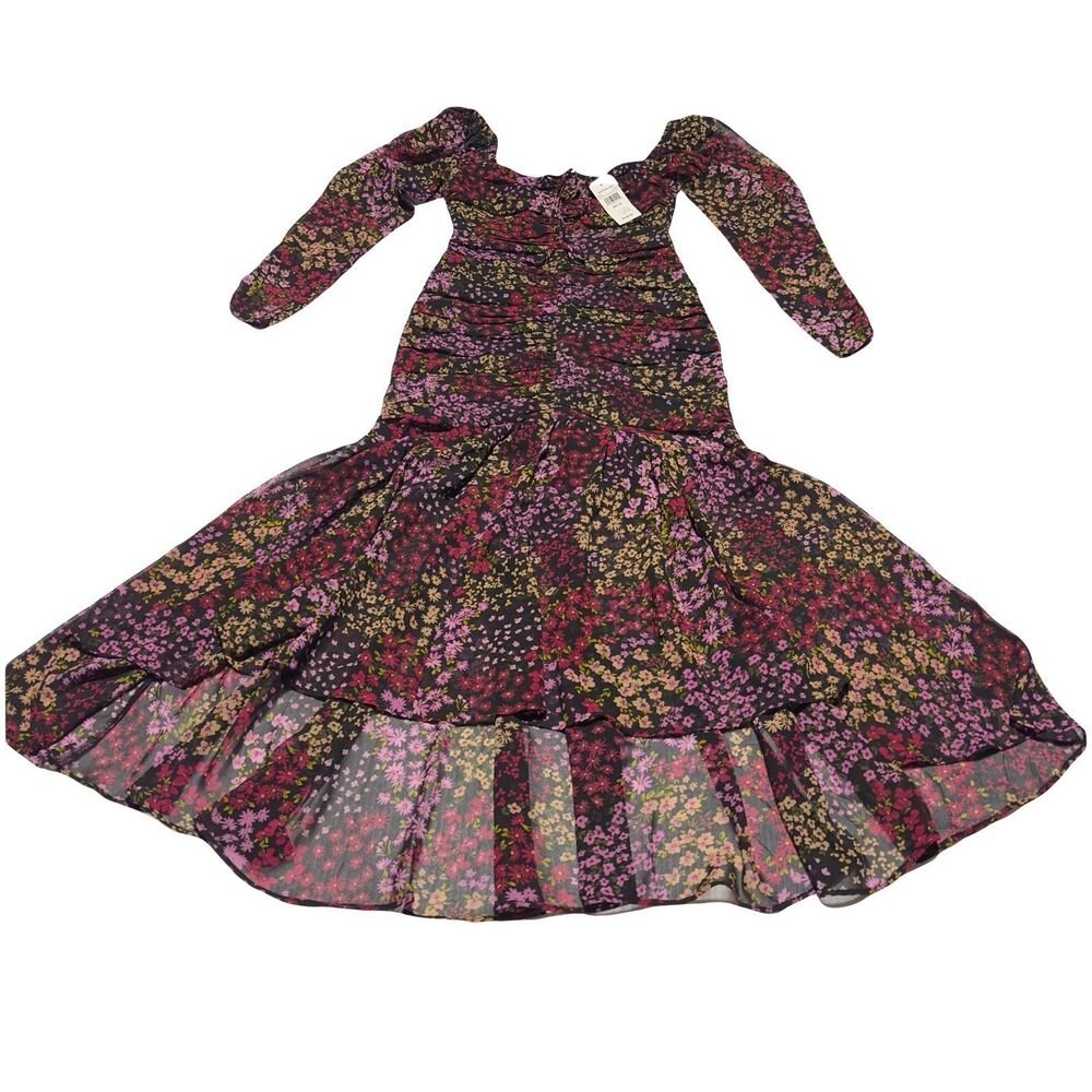 ASTR The Label Athena Midi Dress Floral Black Puff Sleeve Coquette Size XS NWT